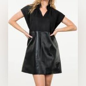 THML Black Short Sleeve Dress with Faux Leather and suede dress